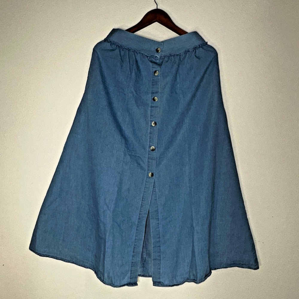Chances R Womens Skirt Denim Medium Blue Midi A-Line Button Down Elastic‎ Waist